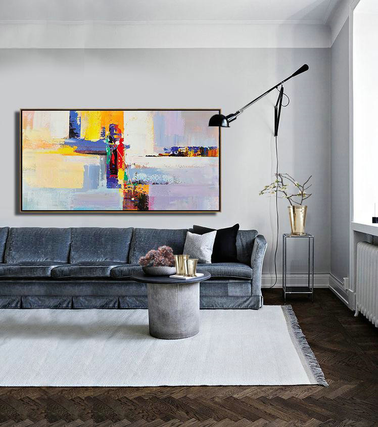 Handmade Extra Large Contemporary Painting,Horizontal Palette Knife Contemporary Art Panoramic Canvas Painting,Large Living Room Wall Decor,White,Yellow,Purple,Red.etc